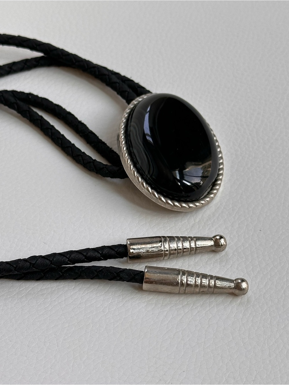 Black Onyx Bolo Tie with Silver Accents - Men’s Women’s Accessories